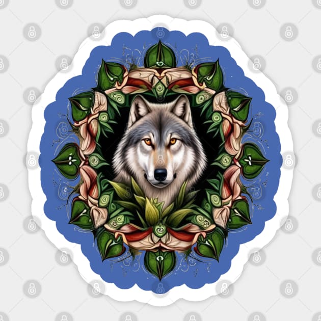 A Timber Wolf Surrounded By Lady's Slipper Minnesota State Tattoo Art Sticker by taiche